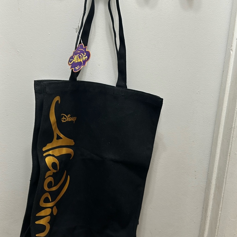 DISNEY ALADDIN black canvas vintage graphic gold paint tote bag purse nwt